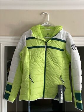 Spyder Women's Neon Lime/White Ski Puffer Jacket with Teal Accents-Small-NWT